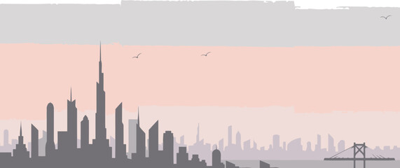 Silhouette cityscape of a modern metropolis at sunrise with a bridge in the background. Urban skyline with various architectural designs and a sunrise sky gradient with flying birds.
