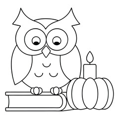 Cartoon owl sitting on books next to a pumpkin and candle cute bird