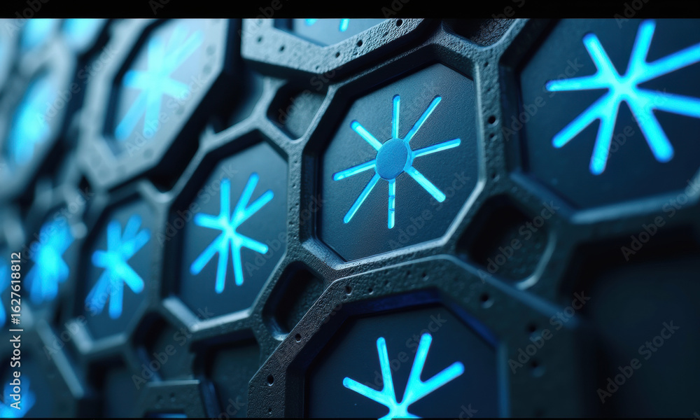 Poster futuristic hexagonal grid with glowing blue star pattern