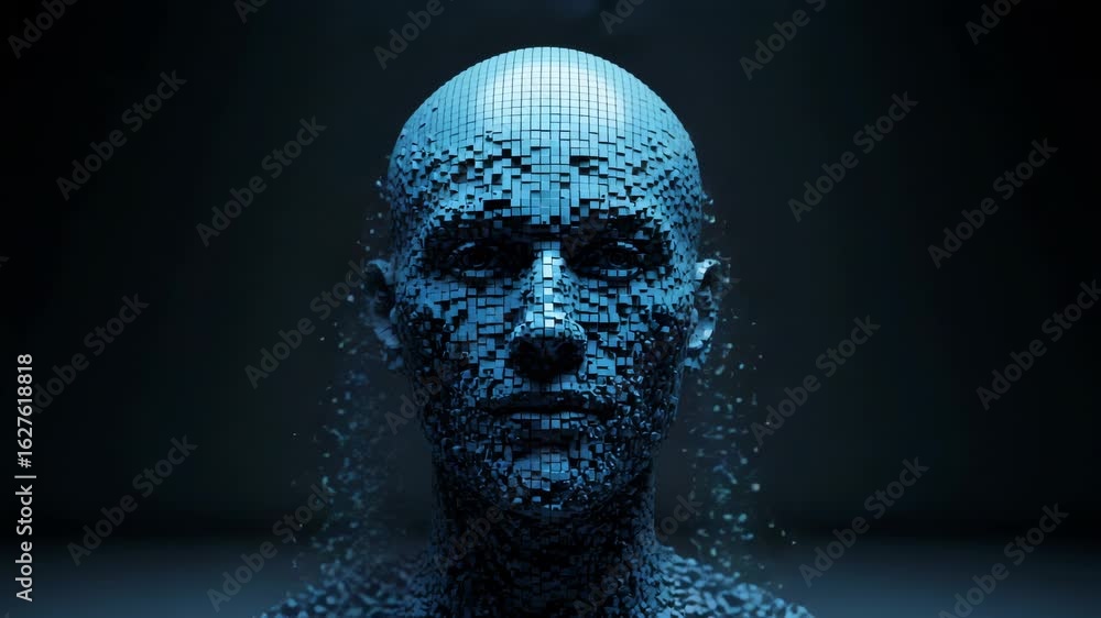 Aufkleber abstract 3d render of a human face disintegrating into blue digital particles, representing technolo