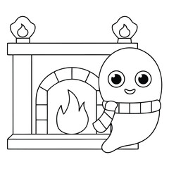 Cute cartoon ghost wearing a scarf by a fireplace with flames friendly character