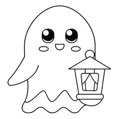 Cute cartoon ghost holding a lantern on a white background halloween character