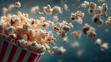 Popcorn bursting from a striped container against a dark background
