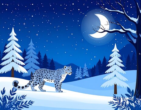 Snow leopard standing in snowy forest at night under crescent moon