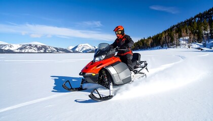 Snowmobiler speeding across a pristine, snow-covered lake under a vibrant blue sky