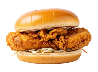Fried chicken sandwich with crispy coating and fresh vegetables on toasted bun, transparent background, cutout PNG