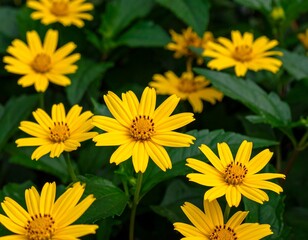 Fototapeta premium Vibrant yellow flowers in a garden setting