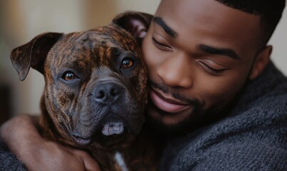 Black African American man cuddling his dog at home, conveying the joy of companionship and the emotional bond between humans and pets, Generative AI