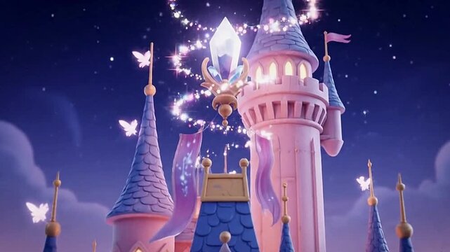 A fantasy castle at night with illuminated turrets and glowing butterflies topped with a crystal spire and decorative lights