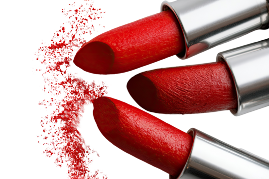 Close-up of several vibrant red lipsticks, with a splatter of product in a circular pattern.  Metal lipstick tubes are visible