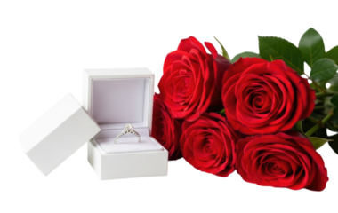 Elegant diamond ring presented alongside vibrant red roses in a gift box, perfect for special occasions, transparent background, cutout PNG