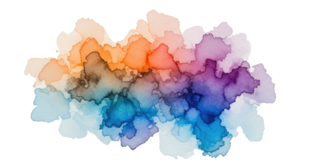 Colorful watercolor splash in shades of orange, purple, and blue with a soft texture and various blending effects, transparent background, cutout PNG