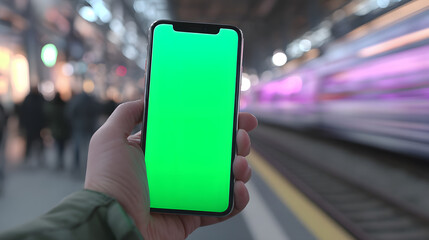 Hand Holding Modern Smartphone with Green Screen Mockup at Busy Train Station