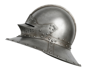 Medieval knight helmet with intricate design features on a transparent background, cutout PNG