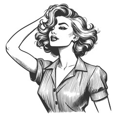 stylish woman in a button-up shirt, striking a bold pose with voluminous wavy hair sketch engraving generative ai fictional character raster illustration. Scratch board imitation. Black and white.