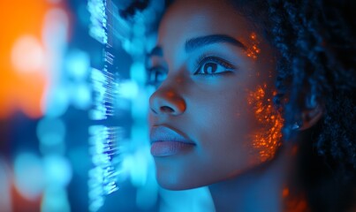 AI cybersecurity threat concept, featuring a female African American IT specialist analysing holographic data. Blue and orange hues, augmented reality elements, Generative AI
