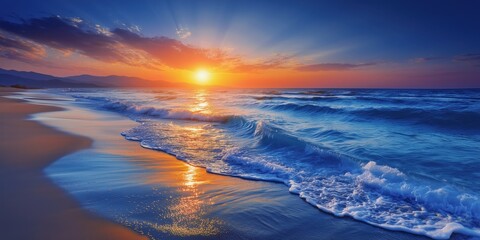 Vibrant ocean sunset with golden sun rays over crashing waves on sandy beach, dramatic clouds, and colorful twilight sky reflecting on water, perfect nature seascape background