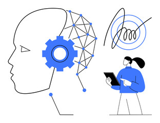 Human head with neural network pattern, gear element, and woman holding tablet. Ideal for AI, technology, innovation, data analysis, science, education and simple landing page