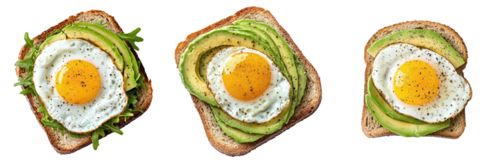 Set of toasts with avocado and fried egg isolated on transparent background PNG