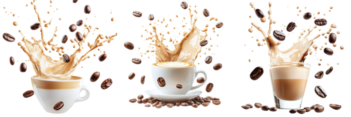 Set of coffee cups with a splash of coffee and falling coffee beans isolated on transparent background PNG