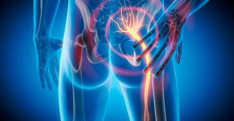 Medically accurate 3D illustration of a painful sciatic nerve cause by injury or irritation
