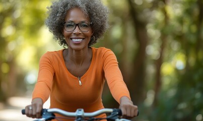 Happy active African American female cycling outdoors in a park. The image portrays a candid, joyful moment, celebrating an active senior lifestyle, Generative AI