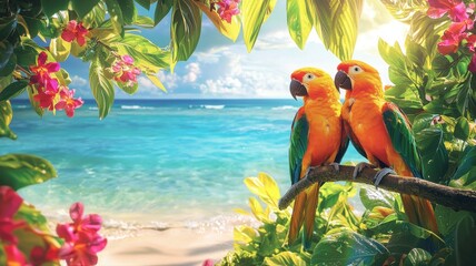 Sun Conure Parrots on Tropical Beach with Bright Sunlight tropical beach bright sunlight parrot pair
