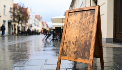 Rustic wooden menu board outside minimalistic coffee shop, rainy day, reflections on wet pavement, moody lighting, city ambience