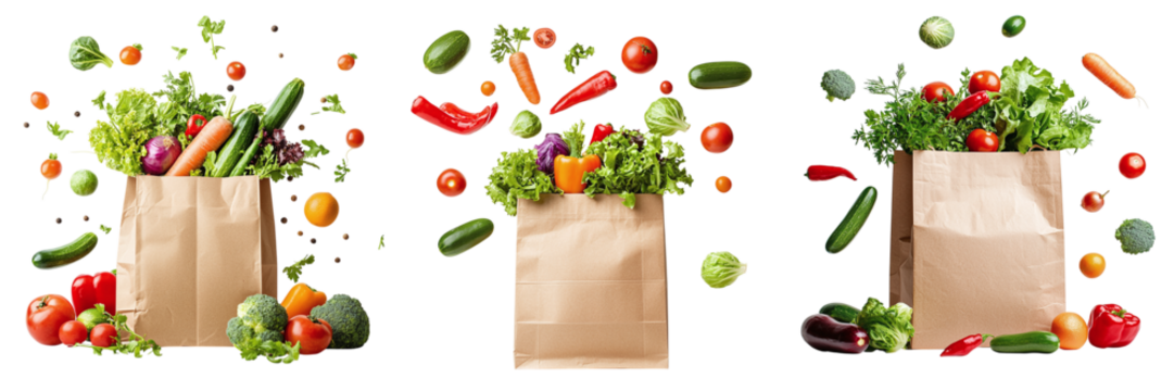 Set of paper bags mockup with various ripe vegetables isolated on transparent background PNG