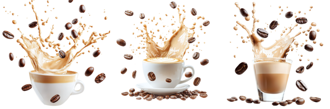 Set of coffee cups with a splash of coffee and falling coffee beans isolated on transparent background PNG