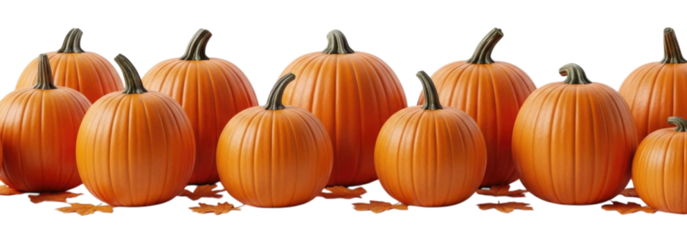 Vibrant orange pumpkins arranged thoughtfully with autumn leaves on a transparent background, cutout PNG
