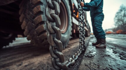 Heavy-duty chains attached to a truck.