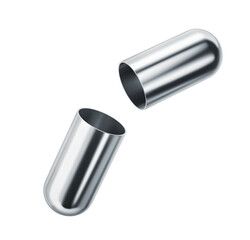 Opened silver capsule pill isolated on white background. Clipping path included