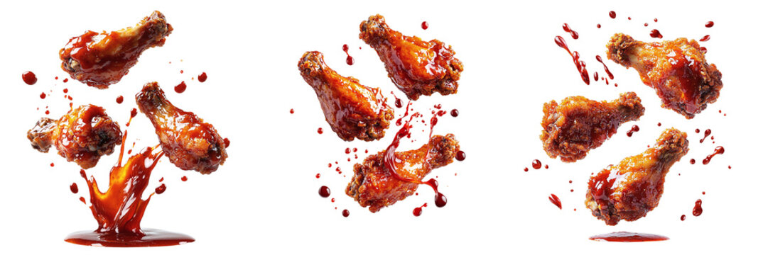 Set of falling fried fast food chicken wings in sauce isolated on transparent background PNG
