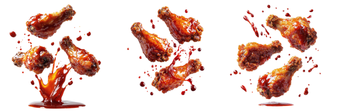 Set of falling fried fast food chicken wings in sauce isolated on transparent background PNG