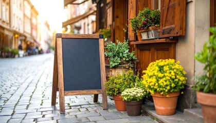Mockup of blank chalkboard sign near a bakery storefront, evening lighting with visible hanging bulbs inside