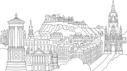 Edinburgh Scotland Skyline Silhouette Vector Illustration of Cityscape in Black and White Outline
