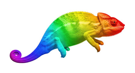 Obraz premium Colorful chameleon showcasing vibrant rainbow hues, isolated with a transparent background, cutout PNG