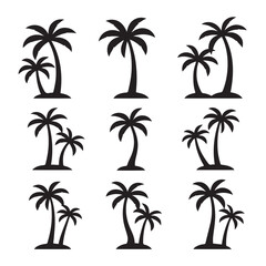 Collection of nine black silhouette palm tree icons on a white background palm trees