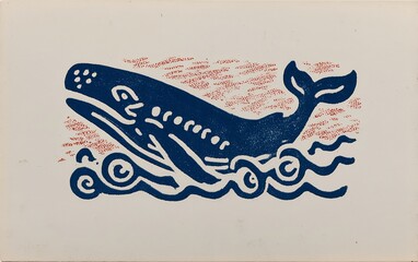 blue whale linocut illustration vintage style ocean waves