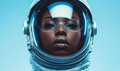 Young Black African American female astronaut wearing a spacesuit and space helmet. The image captures the empowerment of women and people of color in space exploration, Generative AI