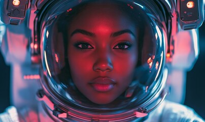 Young Black African American female astronaut wearing a spacesuit and space helmet. The image captures the empowerment of women and people of color in space exploration, Generative AI