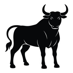 Black silhouette of a bull with curved horns standing on a white background animal
