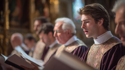 Diocesan Catholic Day, traditional Catholic choir performing hymns, robes and music sheets