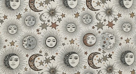 Celestial Harmony: A Whimsical Pattern of Sun, Moon, and Stars with Humanized Faces