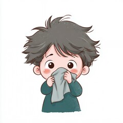 cartoon illustration boy sneezing blowing nose