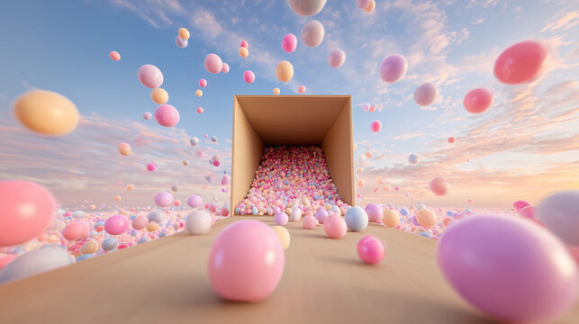 Giant open cardboard box releasing a flowing ribbon-like conveyor path filled with floating pastel spheres against a vibrant sky background. Surreal fantasy product launch scene with whimsical