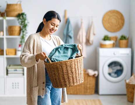 A woman folding warm clothes in a laundry room with a dryer in the background, - Powered by Adobe