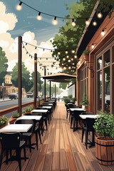 Fototapeta premium Empty outdoor cafe seating area with string lights and wooden tables on a sunny day