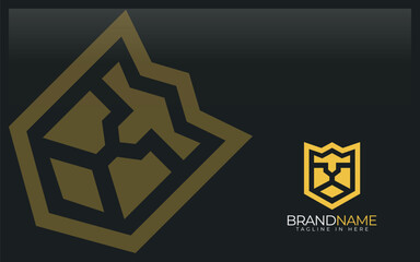 Lion head logo formed shield symbol in gold color